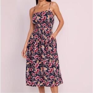 Boho Bloomcore Dress Women Small Navy Linen Blend Sundress Tiered‎ Midi Pockets